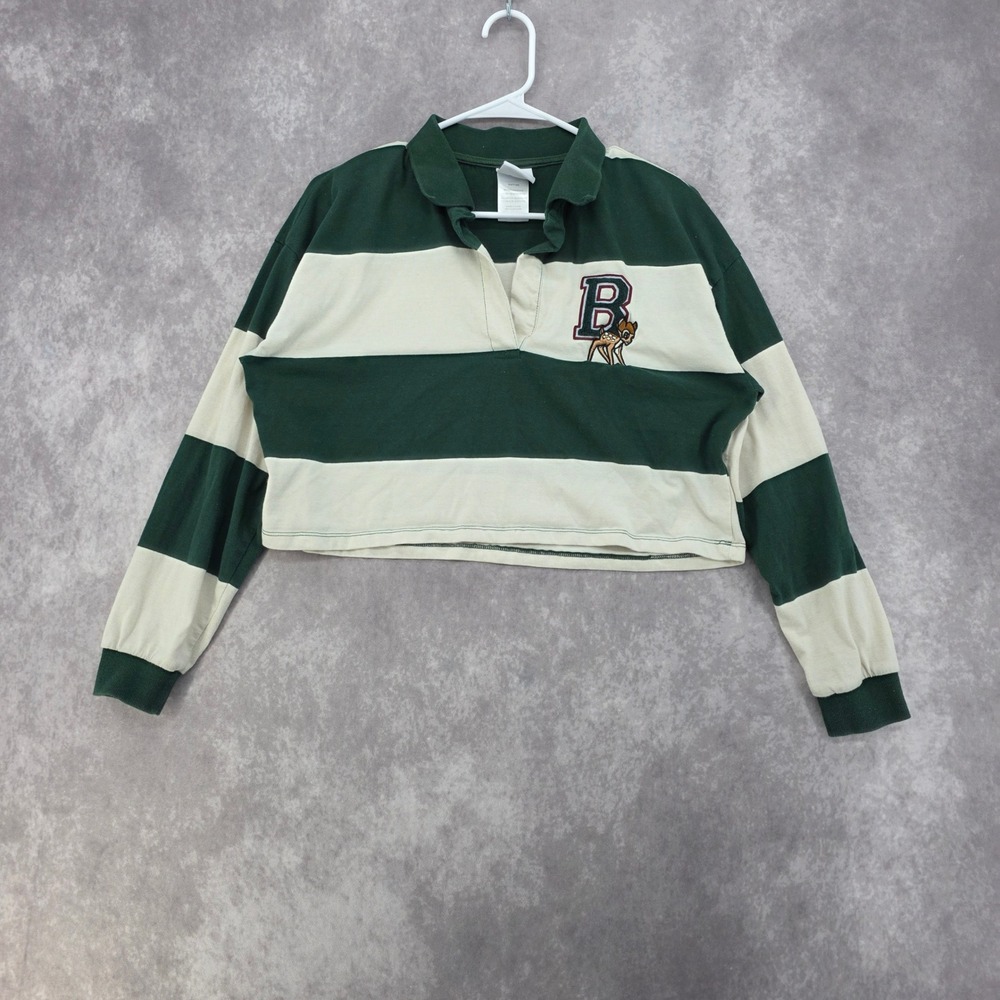 Disney Bambi Cropped Rugby Shirt Womens Medium Green Cream Striped Long Sleeve